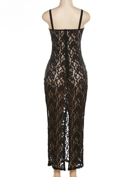 Women's Black Lace Long Dress, Sleeveless See-Through Dress, Sexy Flirty Nightclub Party Bodycon Dresses