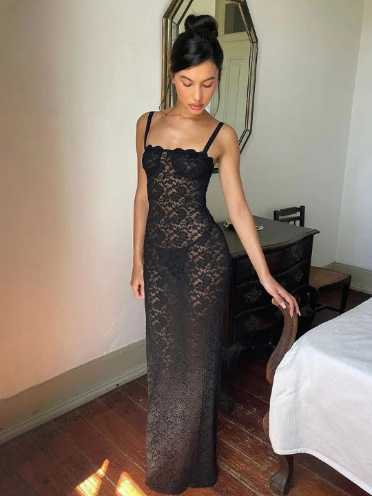 Women's Black Lace Long Dress, Sleeveless See-Through Dress, Sexy Flirty Nightclub Party Bodycon Dresses